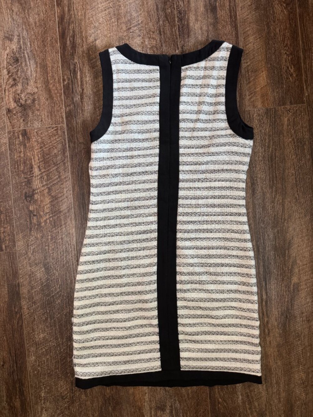 C. Luce Cream Black Striped Tweed Sheath Dress Sleeveless Zip Back Size S - Picture 3 of 6